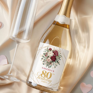 Rustic Blush Burgundy 80th Birthday Champagne Labe Sparkling Wine Label