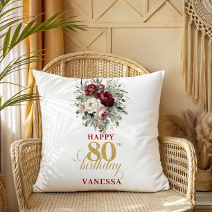 Rustic Blush Burgundy 80th Birthday Name Pillow