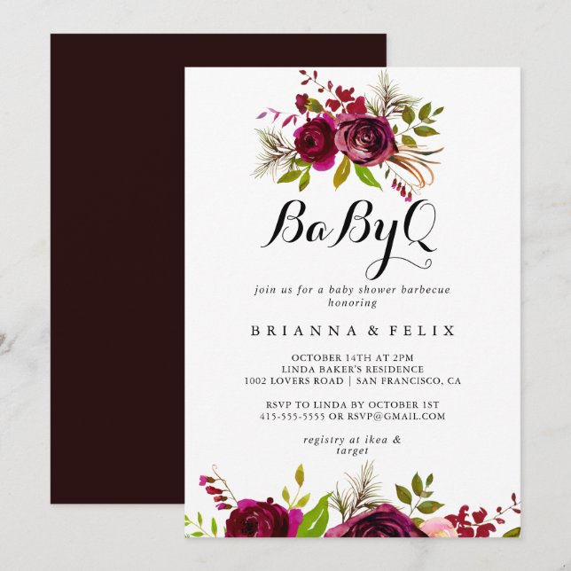 Rustic Blush Burgundy BabyQ Baby Shower Barbecue Invitation (Front/Back)