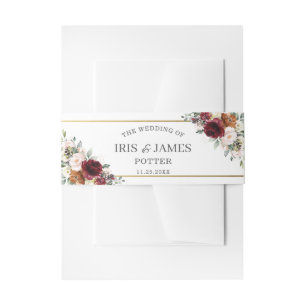 Rustic Blush Burgundy Burnt Orange Floral Wedding Invitation Belly Band