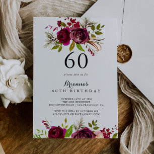 Rustic Blush Burgundy Floral 60th Birthday Party Invitation