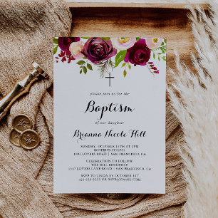 Rustic Blush Burgundy Floral Calligraphy Baptism Invitation