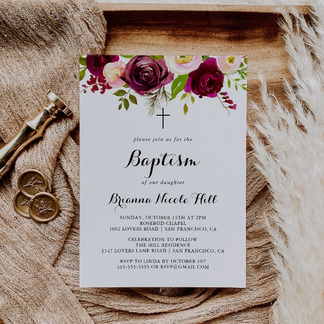 Rustic Blush Burgundy Floral Calligraphy Baptism Invitation (Creator Uploaded)