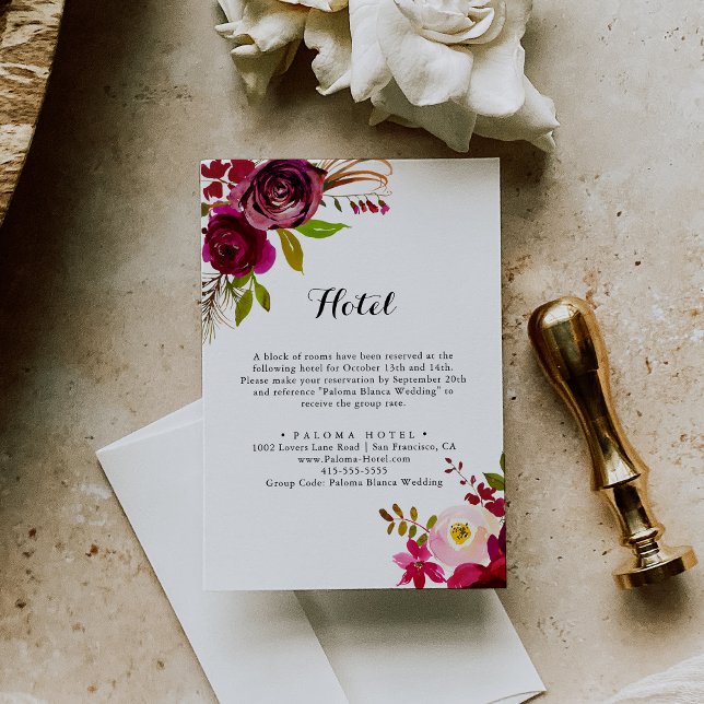 Rustic Blush Burgundy Floral Calligraphy Hotel Enclosure Card (Creator Uploaded)