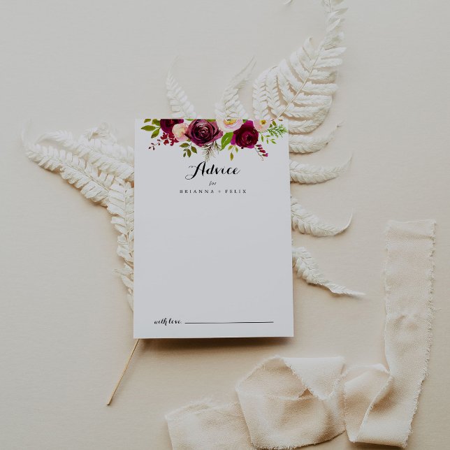 Rustic Blush Burgundy Floral Calligraphy Wedding Advice Card (Creator Uploaded)