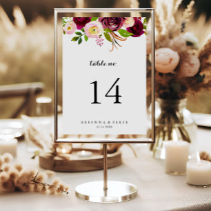 Rustic Blush Burgundy Floral Calligraphy Wedding Table Number