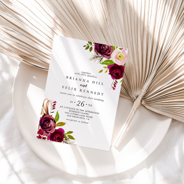 Rustic Blush Burgundy Floral Casual Wedding Invitation (Creator Uploaded)