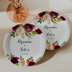 Rustic Blush Burgundy Floral Wedding Cake Paper Plate