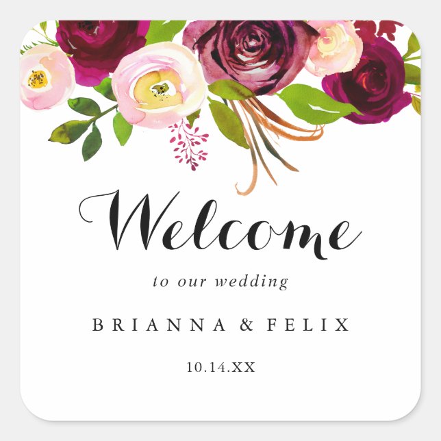 Rustic Blush Burgundy Floral Wedding Welcome Square Sticker (Front)