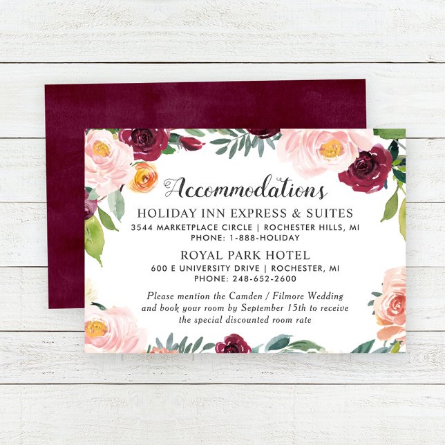 Rustic Blush Burgundy Floral Wreath Accommodations Enclosure Card (Creator Uploaded)