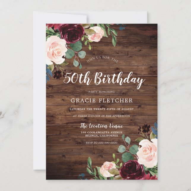 Rustic Blush & Burgundy Flowers 50th Birthday Invitation (Front)