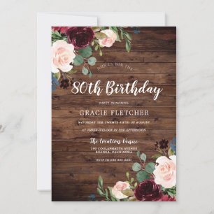 Rustic Blush & Burgundy Flowers 80th Birthday Invitation