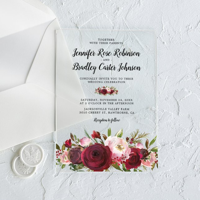 Rustic Blush Burgundy Flowers Wedding Acrylic Invitations (Creator Uploaded)