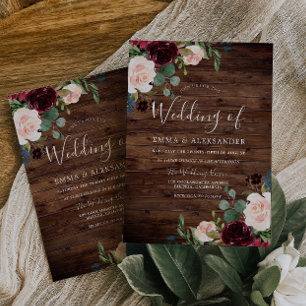 Rustic Blush & Burgundy Red Wine Flowers Wedding Invitation