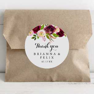 Rustic Blush Burgundy Thank You Wedding Favour Classic Round Sticker