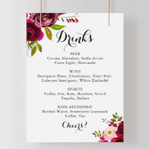 Rustic Blush Burgundy Wedding Drinks Menu Sign
