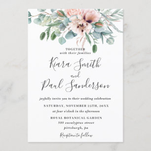 Rustic Blush Dusty Pink Floral Eucalyptus Wedding Invitation
