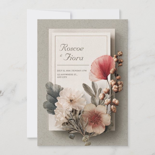 Rustic Blush Floral Dried Botanical Wedding Invitation (Front)