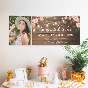 Rustic Blush Floral Grad Photo Graduation Party Banner