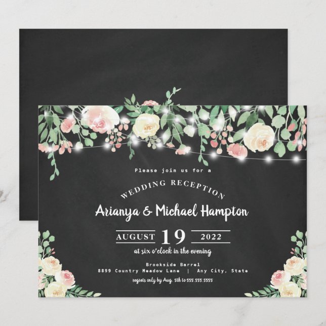 Rustic Blush Floral Lights Wedding Reception only Invitation (Front/Back)