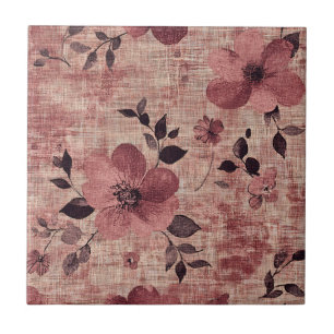 Rustic Blush Floral Linen Pattern (2) Ceramic Tile