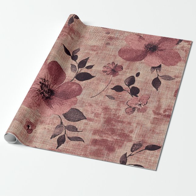 Rustic Blush Floral Linen Pattern (2) Wrapping Paper (Unrolled)
