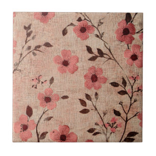 Rustic Blush Floral Linen Pattern (4) Ceramic Tile