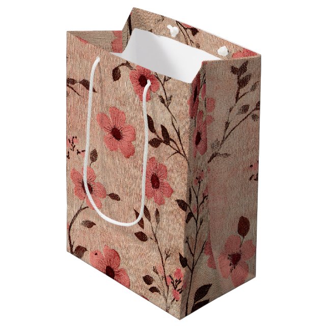 Rustic Blush Floral Linen Pattern (4) Medium Gift Bag (Front Angled)