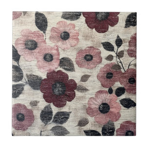 Rustic Blush Floral Linen Pattern (7) Ceramic Tile