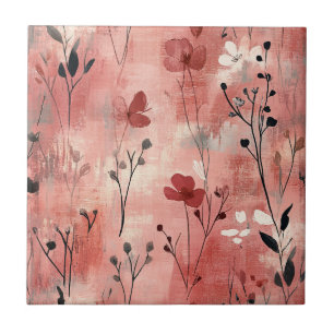 Rustic Blush Floral Linen Pattern (9) Ceramic Tile