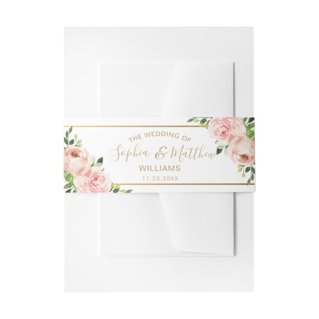Rustic Blush Floral Roses Gold Greenery Wedding Invitation Belly Band (Front Example)