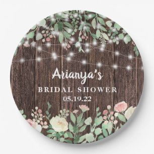 Rustic Blush Floral String Lights Bridal Shower Paper Plate