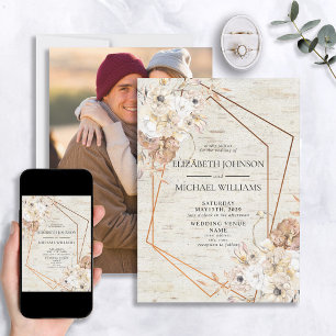 Rustic Blush Geometric Watercolor Floral Photo Invitation