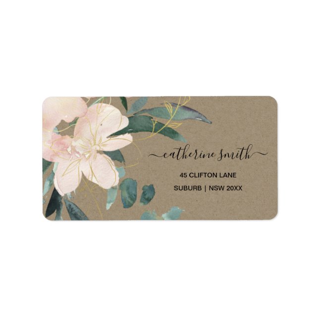 RUSTIC BLUSH GOLD FLORAL KRAFT WATERCOLOR  ADDRESS LABEL (Front)