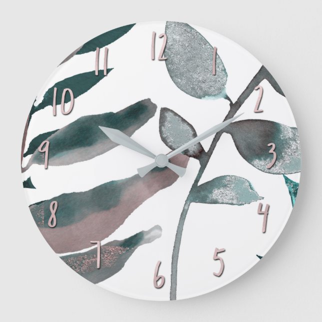Rustic Blush Greenery Botanical Leaves Watercolor Large Clock (Front)