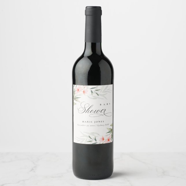 Rustic Blush Greenery Floral Bunch Baby Shower Wine Label (Front)