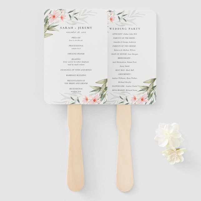 Rustic Blush Greenery Floral Wedding Program Hand Fan (Front and Back)