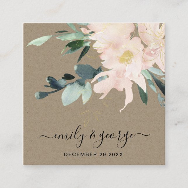RUSTIC BLUSH KRAFT FLORAL BUNCH WEDDING WEBSITE SQUARE BUSINESS CARD (Front)