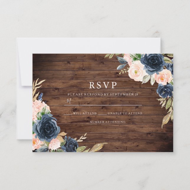 Rustic Blush & Navy Elegant Spring Wedding RSVP Card (Front)