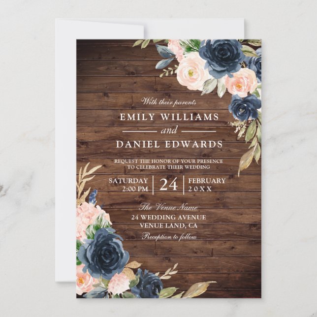 Rustic Blush & Navy Floral Wedding Invitation (Front)