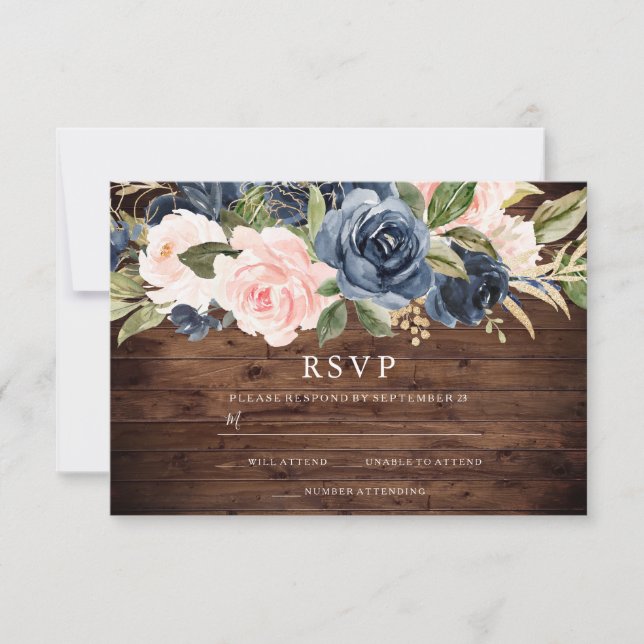 Rustic Blush & Navy Floral Wedding Invitation RSVP (Front)