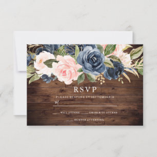 Rustic Blush & Navy Floral Wedding Invitation RSVP