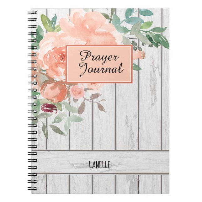 Rustic Blush Peach Floral Wood Name Prayer Journal (Front)