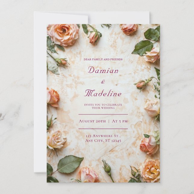 Rustic Blush Peach Rose Floral Frame Wedding Invitation (Front)