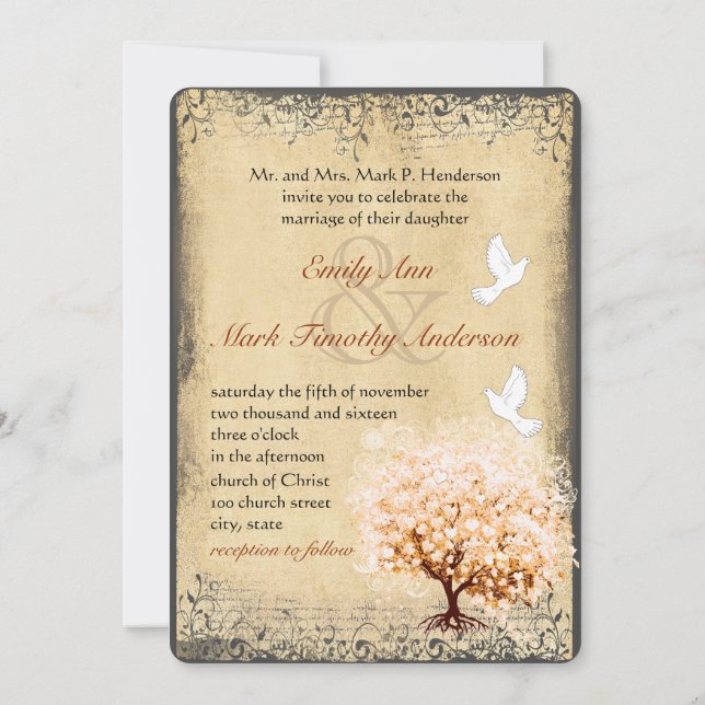 Rustic Blush Peach Tree Dove Love Bird Wedding Invitation (Back)