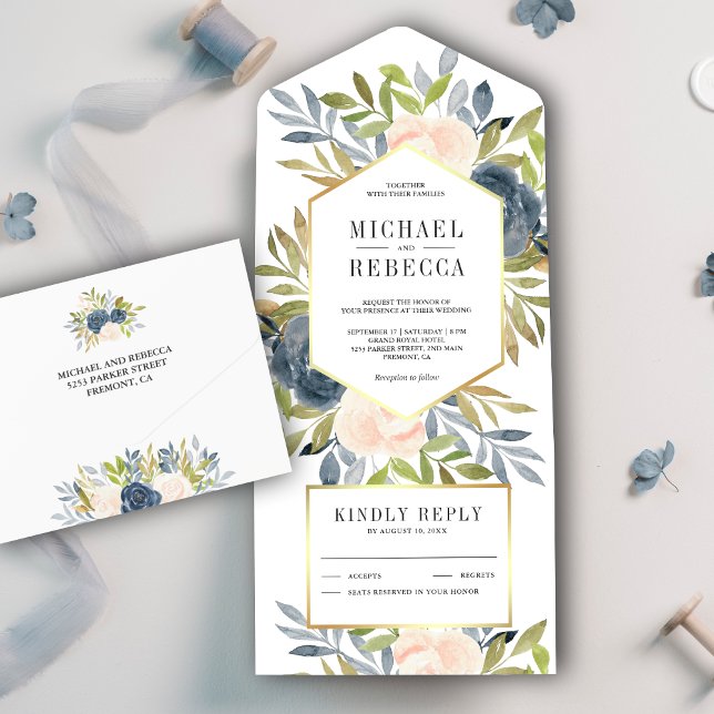 Rustic Blush Pink and Dusty Blue Floral Wedding All In One Invitation (Creator Uploaded)