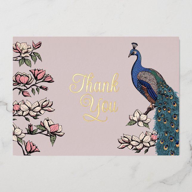 Rustic Blush Pink and Gold Peacock Thank You Card (Front)