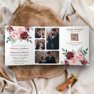 Rustic Blush Pink Burgundy Floral QR Code Wedding Tri-Fold Invitation