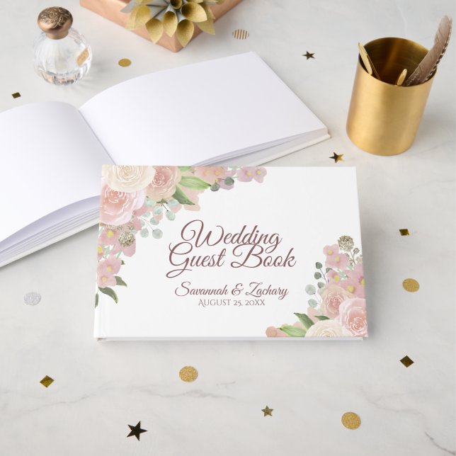 Rustic Blush Pink Elegant Floral Boho Chic Wedding Guest Book (Front Open)