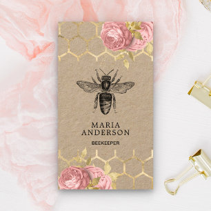 Rustic Blush Pink Floral Black Honey Bee Kraft Business Card